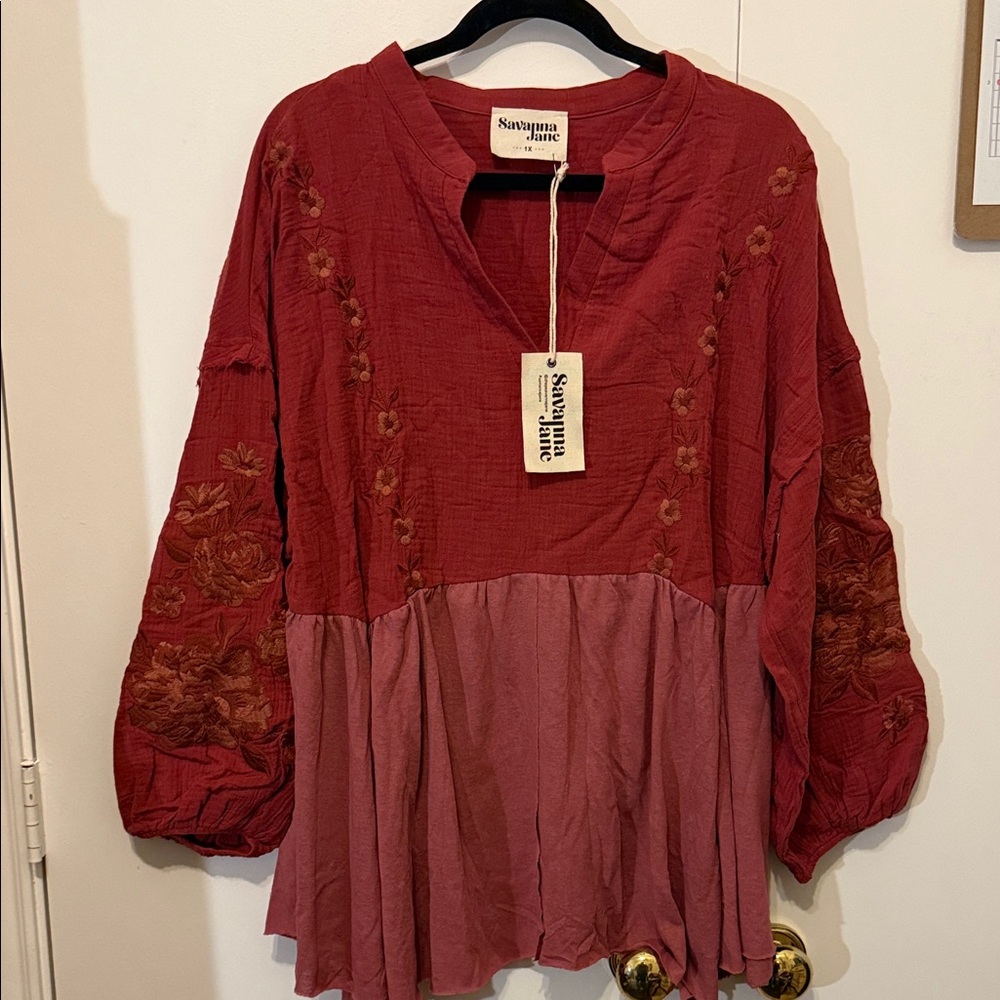 Savanna Jane Burgundy and Rose Embroidered Blouse